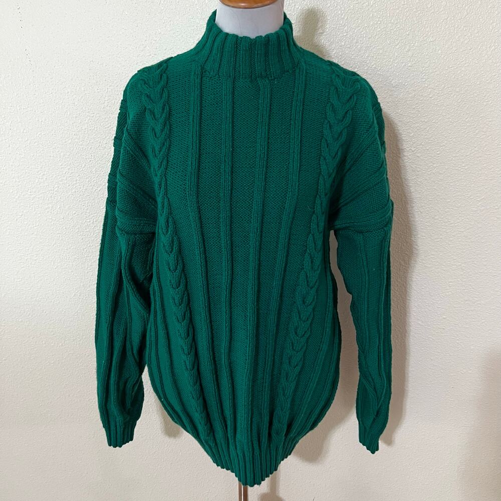Handknit handmade green cable knit Crewneck chunky pullover sweater WOMENS XL